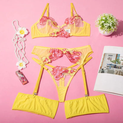 Tornova Sexy Embroidery Lingerie Suit for Women Mesh Patchwork Embroidery Women's Underwear Suit Sexy Garters Mesh Underwear Set