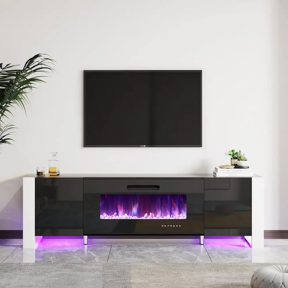 Fireplace TV Stand with 36" Fireplace, 70" Modern Entertainment Center with High Gloss Doors & LED Lights, U-Shaped Legs TV Cons