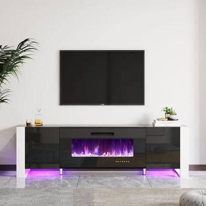 Fireplace TV Stand with 36" Fireplace, 70" Modern Entertainment Center with High Gloss Doors & LED Lights, U-Shaped Legs TV Cons