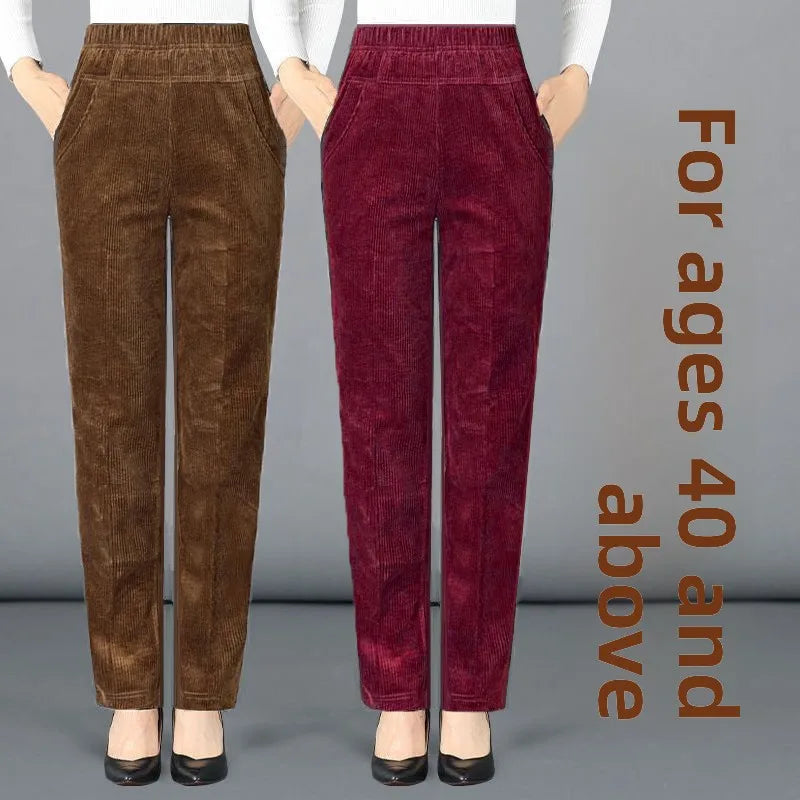 Thiened Fce Lined Corduroy Straight Leg Pants for Mom High Waist Korean Sle Commute Faion Winter Casual Trousers