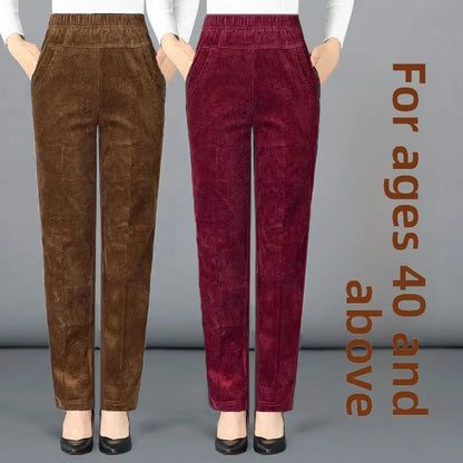 Thiened Fce Lined Corduroy Straight Leg Pants for Mom High Waist Korean Sle Commute Faion Winter Casual Trousers