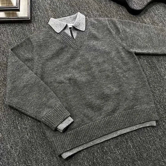 Retro fake two piece V-neck sweater men's winter lapel old money style knitted sweater top lazy style jacket