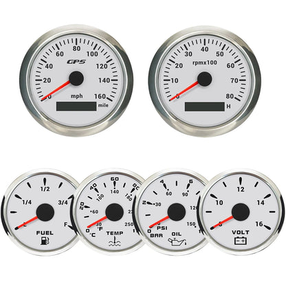 ELING 6 Gauge Set 85mm GPS Speedometer with Tachometer with 52mm Water Temp Oil Pressure Fuel Level Voltmeter with Backlight