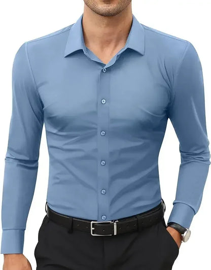 50-130KG non-ironing four-sided elastic men's shirt fashion business dress casual men's long-sleeved solid color shirt