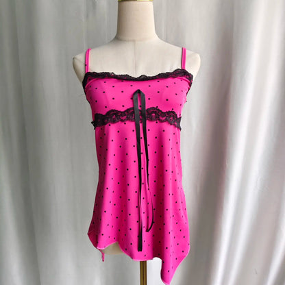 Kimotimo Vintage Cute Polka Dot Camisole Vest Women Japanese Y2k Aesthetic Spliced Lace Tanks Sweet Versatile Sleeveless Tops