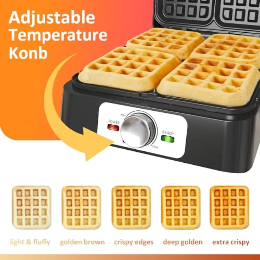 4 Slices Electric Waffle Maker with Adjustable Temperature Control Nonstick Coating Silver Indicator Light Easy to Clean Ideal