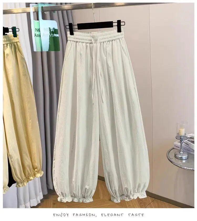 Casual Ice Silk Quick Dry Nine-Piece Flower Bud Pants Women Summer Thin Loose High Waist Draping Lantern Pants