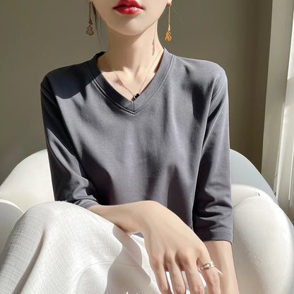 Spring And Summer New White Mercerized Cotton Cropped Sleeve T-shirt Feminine Joker 100% Cotton Bottoming Shirt Half Sleeve