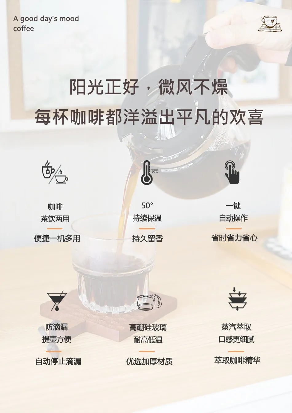 220V HOMEZEST German Coffee Maker Automatic Drip Coffee Machine Mini American Brewer for Home Tea