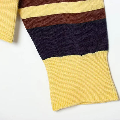 Autumn Winter Polo Collar Long Sleeve Striped Knitted Pullover Tops Women Buttons Decoration Sweater Female Casual Fashion Wear