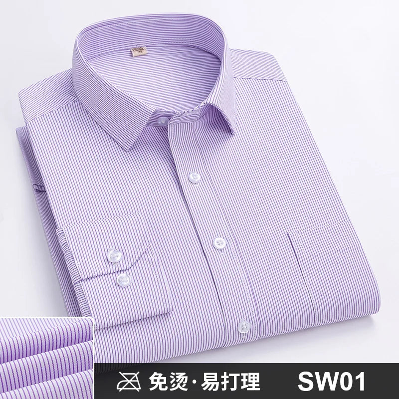 Men's Formal Shirt Long Sleeve S~8XL Oversized Office Solid Color Striped Anti-wrinkle Non-ironing Fashion Business White Shirts