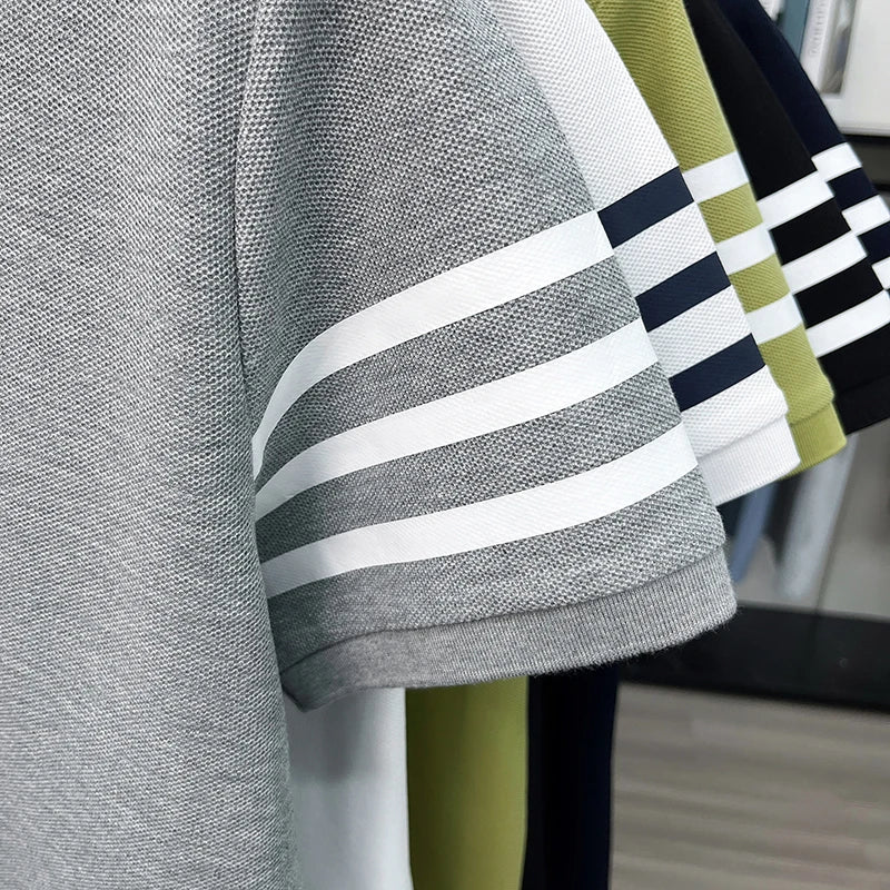 High End Luxury Men's Pure Cotton Short Sleeved Summer New Item 2026 Business Casual Daily Lapel T-shirt Striped Polo Shirt