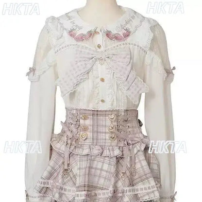 Japanese Mass Produced New Sweet Doll Collar Lolita Strawberry White Shirt Female 2026 Spring Pleated Lace Bow Blouses Top Women