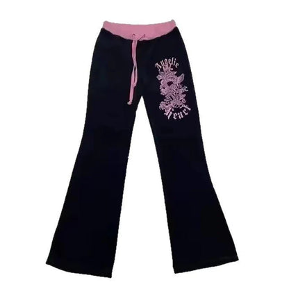 Hip-Hop Streetwear Pants Women Y2K Gothic Drawstring Trousers Spring Autumn Classic Fashion Pink-black Patchwork Bootcut Pants