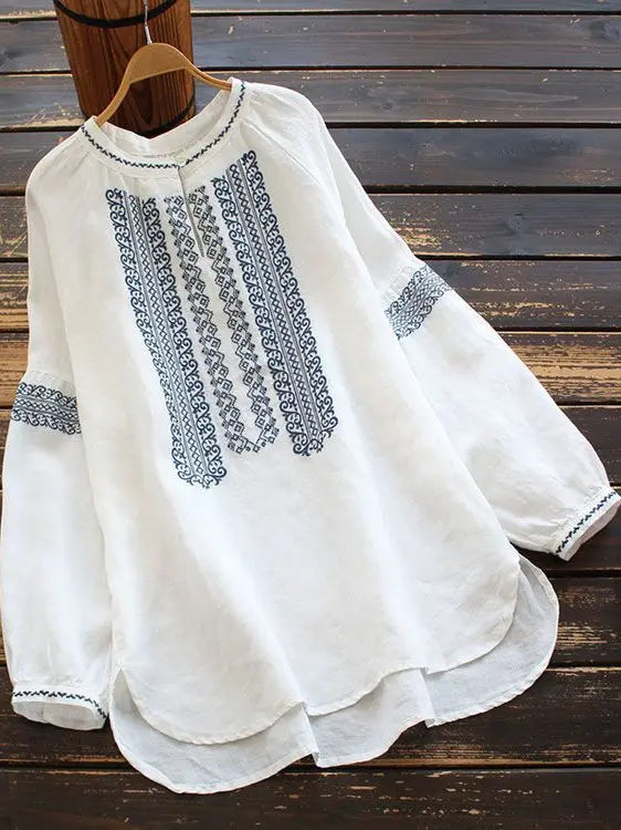 Retro Embroidered Cotton Linen Long Sleeve Women's Shirt Thin Top Large Size Cotton Linen Long Sleeve T-Shirt Commute Wear