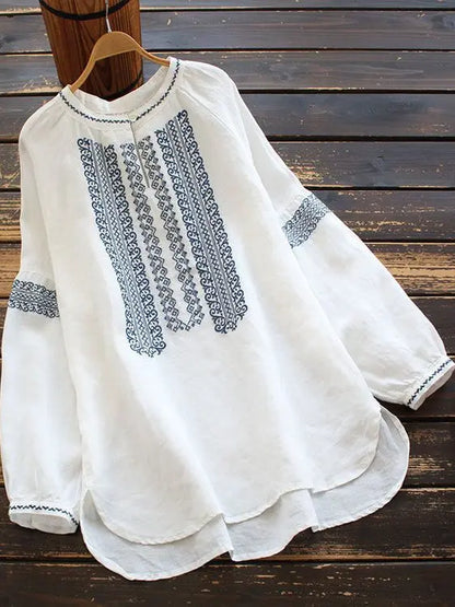 Retro Embroidered Cotton Linen Long Sleeve Women's Shirt Thin Top Large Size Cotton Linen Long Sleeve T-Shirt Commute Wear