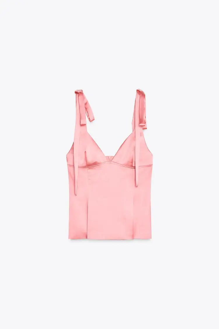 Summer New Women's Simple Style V-neck Sleeveless  Knot Decorated Silk Satin Feel Strap Top Original Design Slim Fit