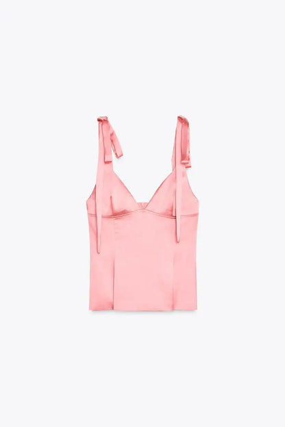 Summer New Women's Simple Style V-neck Sleeveless  Knot Decorated Silk Satin Feel Strap Top Original Design Slim Fit