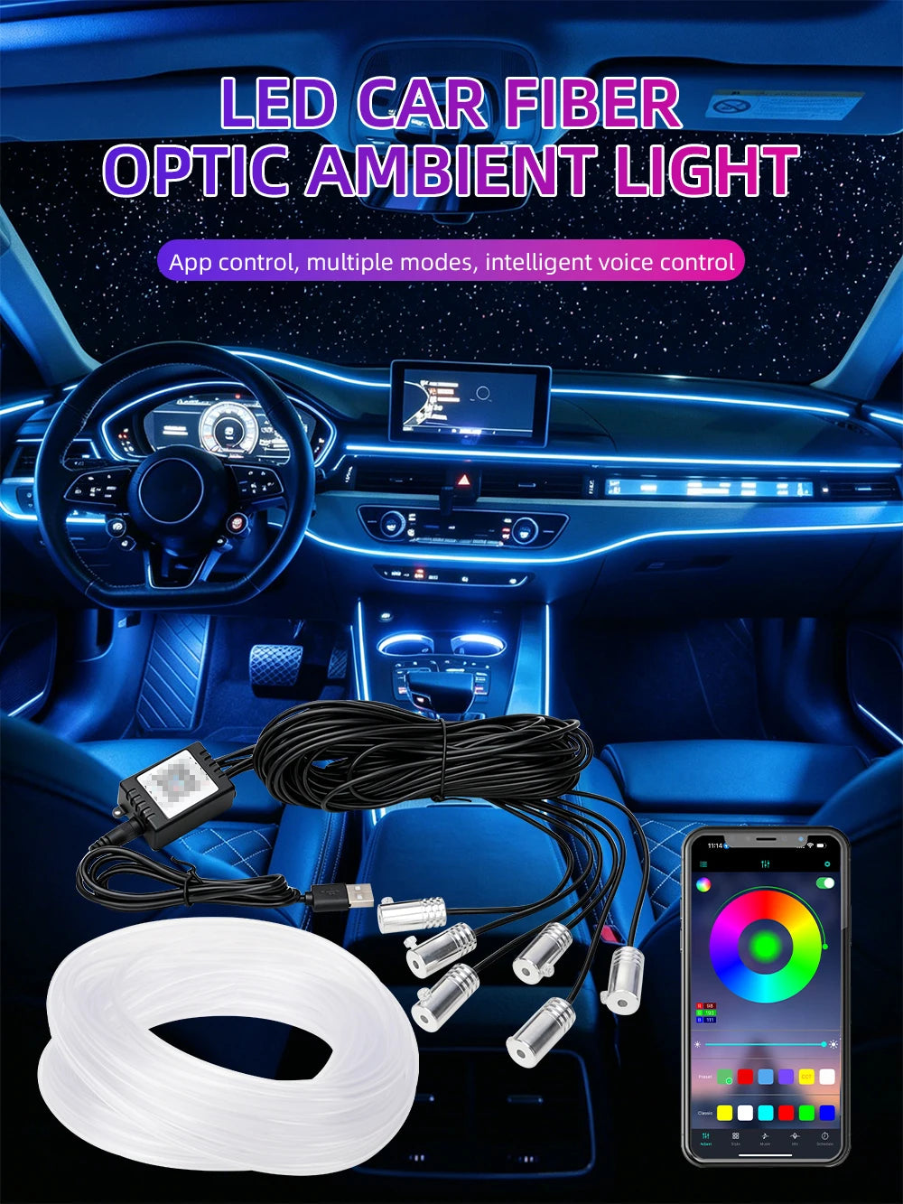 Car 4/5/6in1 Interior Decoration Ambient RGB Fiber-Optic Light Strip USB Dashboard Neon Light Strip App Control Accessories