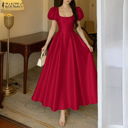ZANZEA Elegant Chic Women Satin Wedding Guest Party Long Dresses Square Neck Short Puff Sleeve Fitted Waist A-Line Dress S-3XL