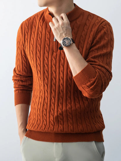 Autumn Winter For Men's Twisted Sweater Wool Knitted  Half Open Zipper Half High School Round Neck Stand-up Collar Thickened Top