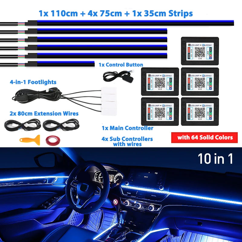 6/18/22 in 1 Led Acrylic Car Ambient Light RGB 64 213 Color Symphony Acrylic APP Streamer Rainbow Atmosphere Lamp Kit Dual Zone