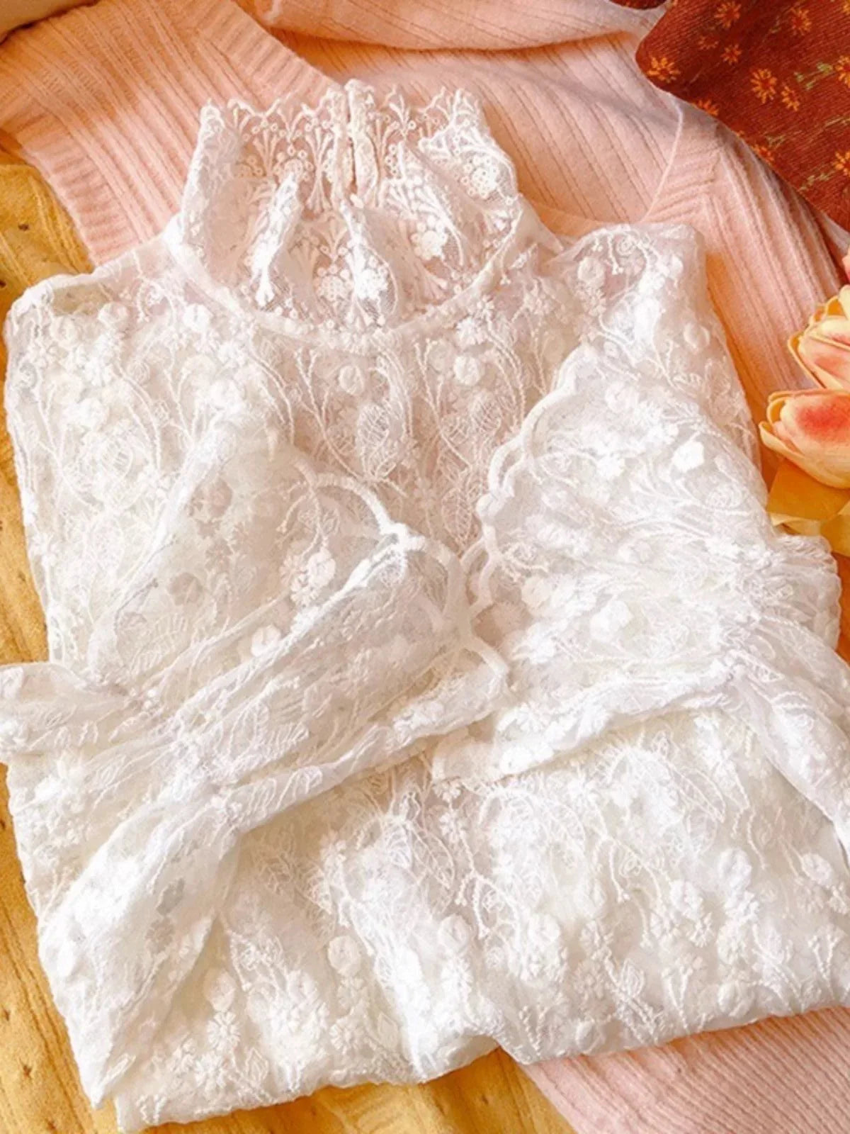 Lace Sleeve Thermal Shirt Women's Fleece Lined Half High Collar Bell Sleeve Inner Wear Netting Warm Top Korean Style Straight...