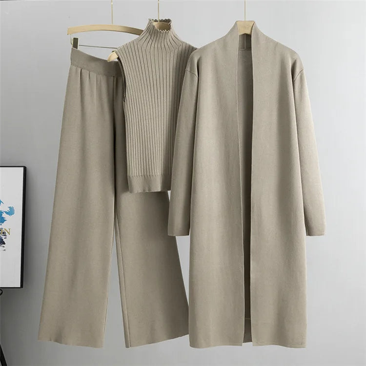 2025 Autumn Winter Women Long Cardigan 3 Piece Set Knit Pants High Neck Vest Wide Leg Trousers Outfit