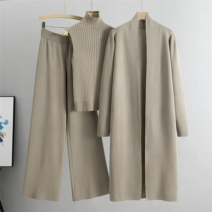 2025 Autumn Winter Women Long Cardigan 3 Piece Set Knit Pants High Neck Vest Wide Leg Trousers Outfit