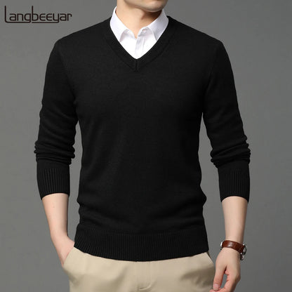 2025 High Quality New Fashion Brand Woolen Knit Pullover V Neck Sweater Black For Men Autum Winter  Casual Jumper Men Clothes