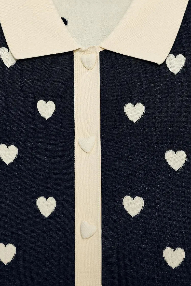 New Summer Women's Street Style  Shirt Turn-down Collar Short Sleeve Color Block Heart Pattern Embroidery Casual Top