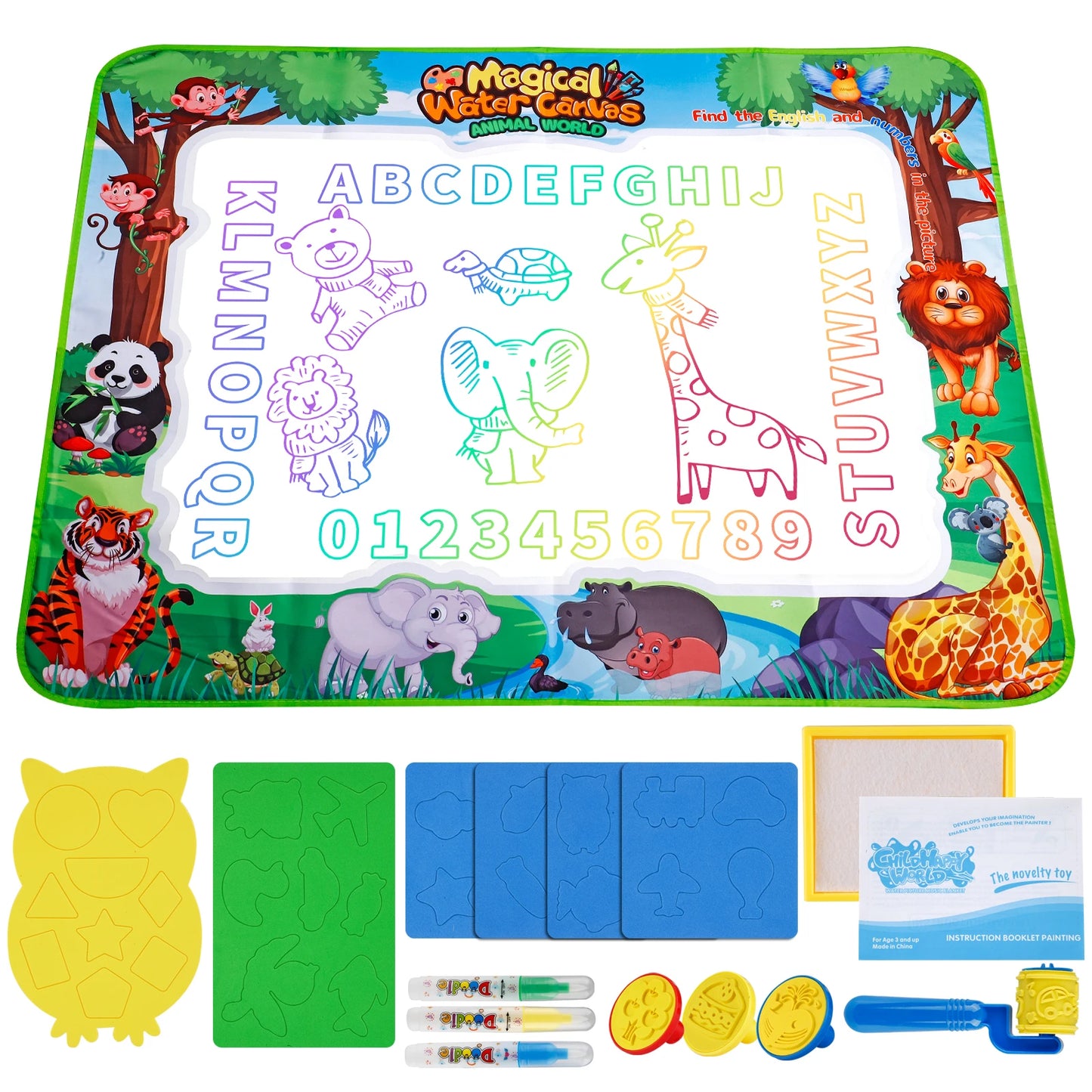 MQUDUO Kids Water Doodle Mat with Magic Pens, Reusable Mess Free Drawing Pad for Alphabet Learning Art Play