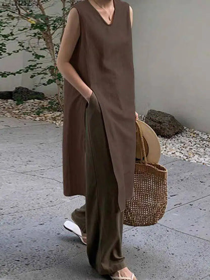 Simple Style Mid-Length V-Neck Women's Dress Knee-Covering Summer Cotton Linen A-Line Skirt Casual City Walk Dress