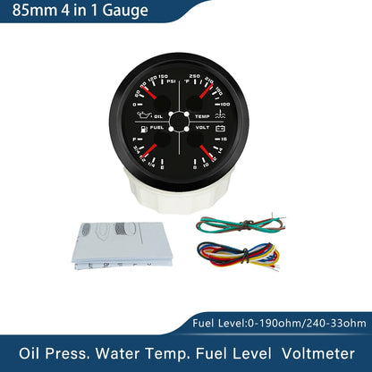 ELING Waterproof 85mm 4 in 1 Gauge Oil Pressure Water Temp Fuel Level Voltmeter with Light Alarm for Car Boat Yacht
