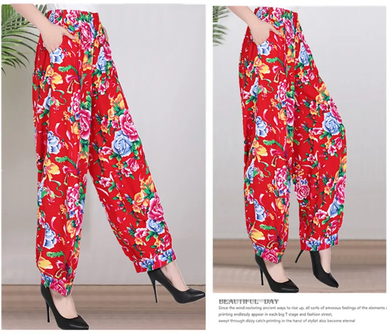 High Waist Lantern Pants Casual Cotton Silk Large Size Printed Long Trousers for Middle-Aged And Elderly Women