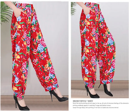 High Waist Lantern Pants Casual Cotton Silk Large Size Printed Long Trousers for Middle-Aged And Elderly Women