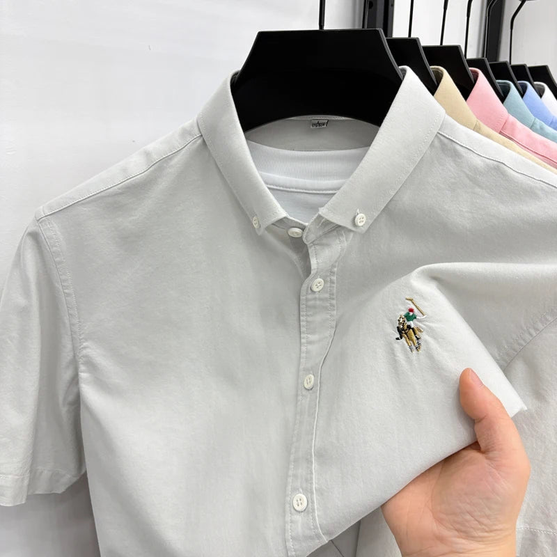 100% Pure Cotton Men's Short Sleeved 2026 New Brand Embroidered Trendy Shirt for Men's Casual Summer Wear