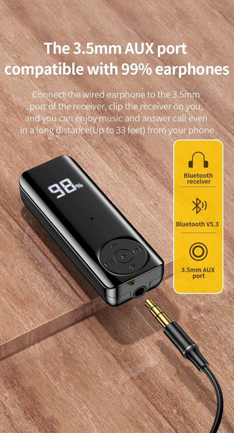 Bluetooth 5.3 Receiver Adapter Wireless Audio Adapter 3.5mm AV/AUX Jack ANC+ENC Active Noise Reduction Reciever For Car PC