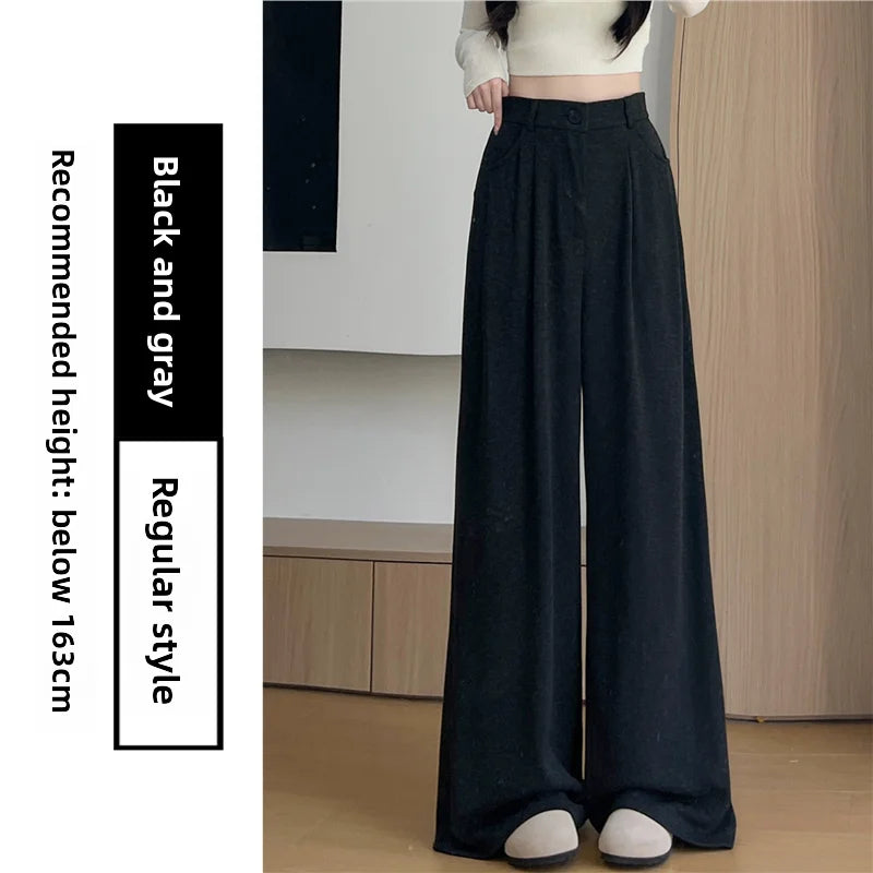 Korean Style High Waist Loose Fit Fleece Lined Wide Leg Pants Women's Autumn Winter New Arrival Straight Cut Trousers