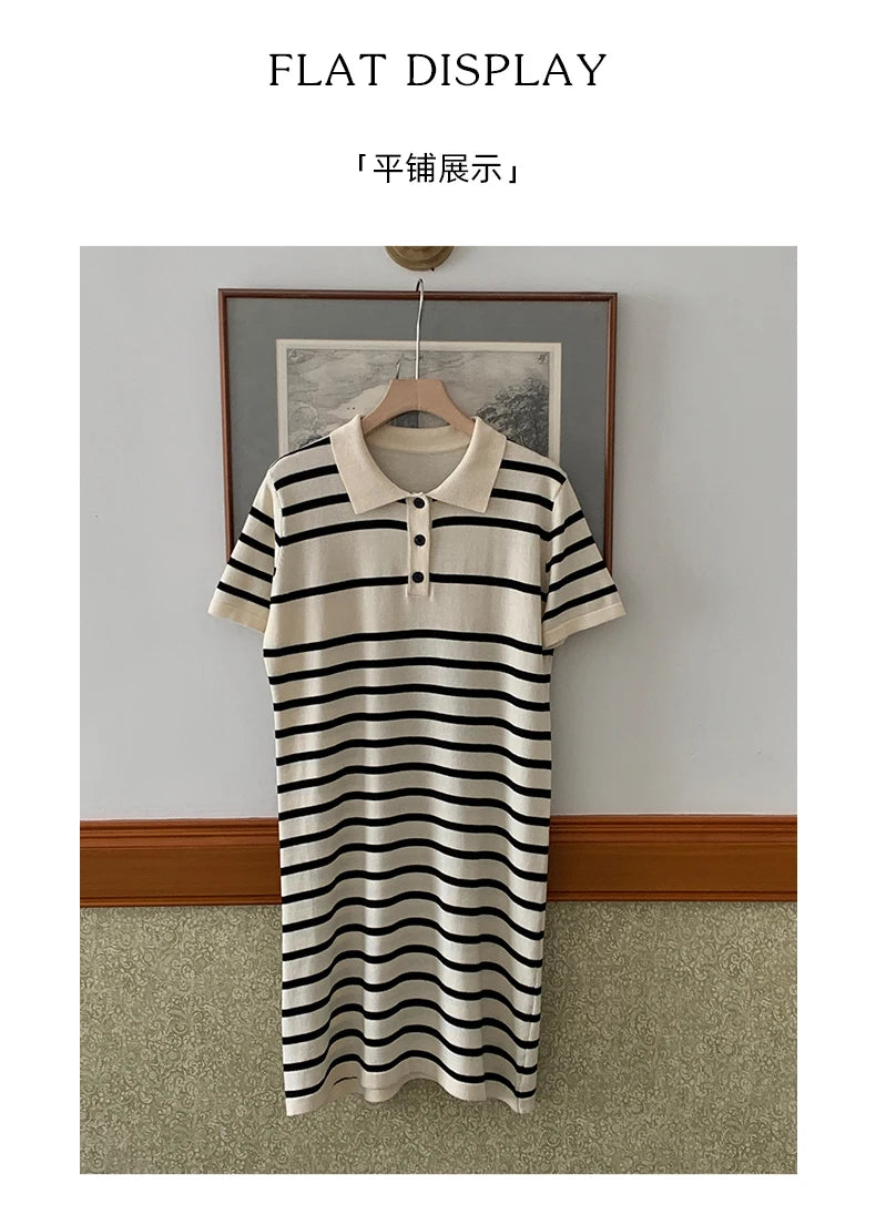 new Korean striped dress for women's summer, pure cotton straight tube mid length skirt