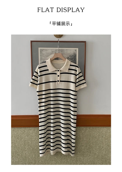 new Korean striped dress for women's summer, pure cotton straight tube mid length skirt