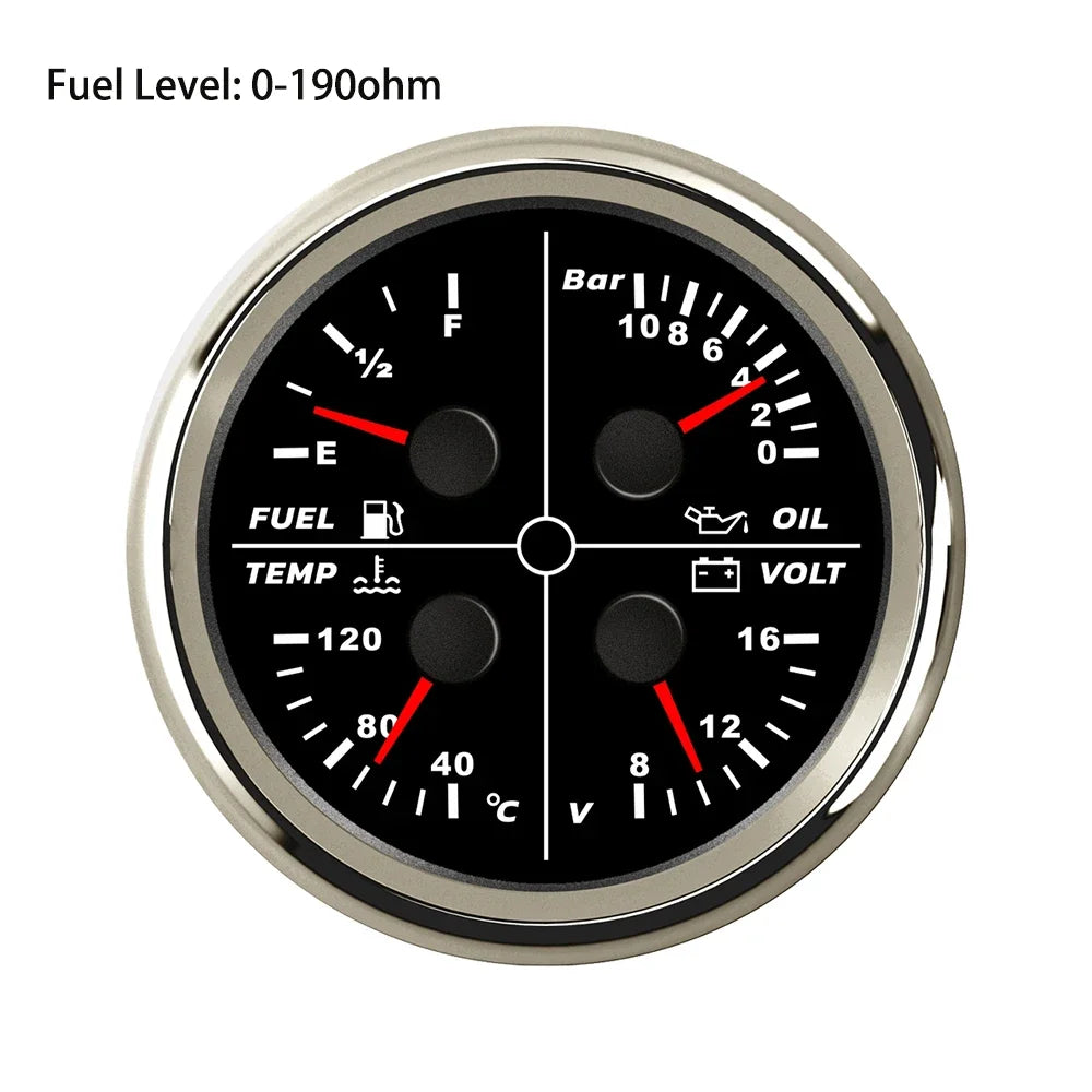ELING Waterproof Auto Marine 85mm 4 in 1 Gauge Oil Pressure Water Temp Fuel Level Voltmeter for Motorcycle 8-16V