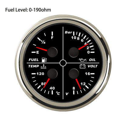 ELING Waterproof Auto Marine 85mm 4 in 1 Gauge Oil Pressure Water Temp Fuel Level Voltmeter for Motorcycle 8-16V