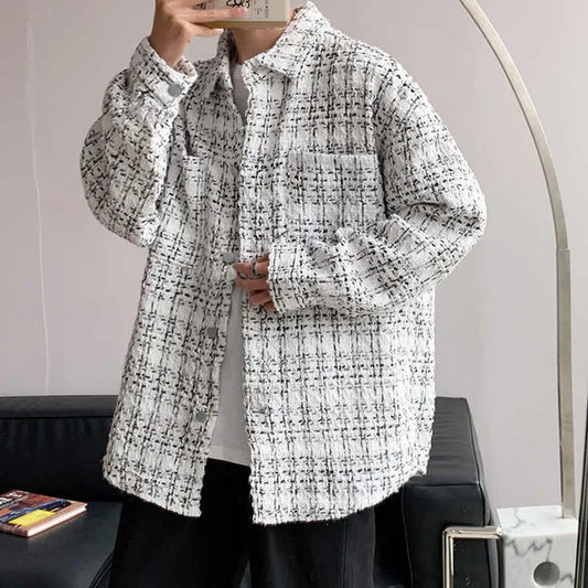 Men's Spring/Autumn/Winter Woolen Tweed Slim Fit Collarless Jacket with Color Blocking Design for a Youthful Look