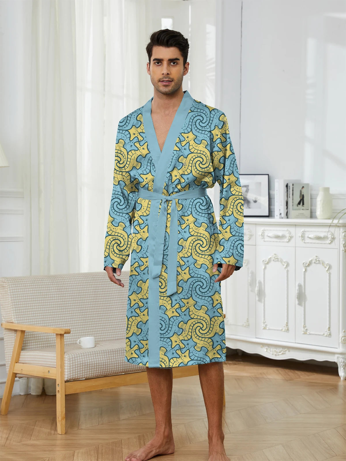 Men Robe 2025 Autumn Men Home Nightgown 3D Printed with Seahorse Pattern Long Sleepwear Thin Skin Friendly Quick Drying Bathrobe