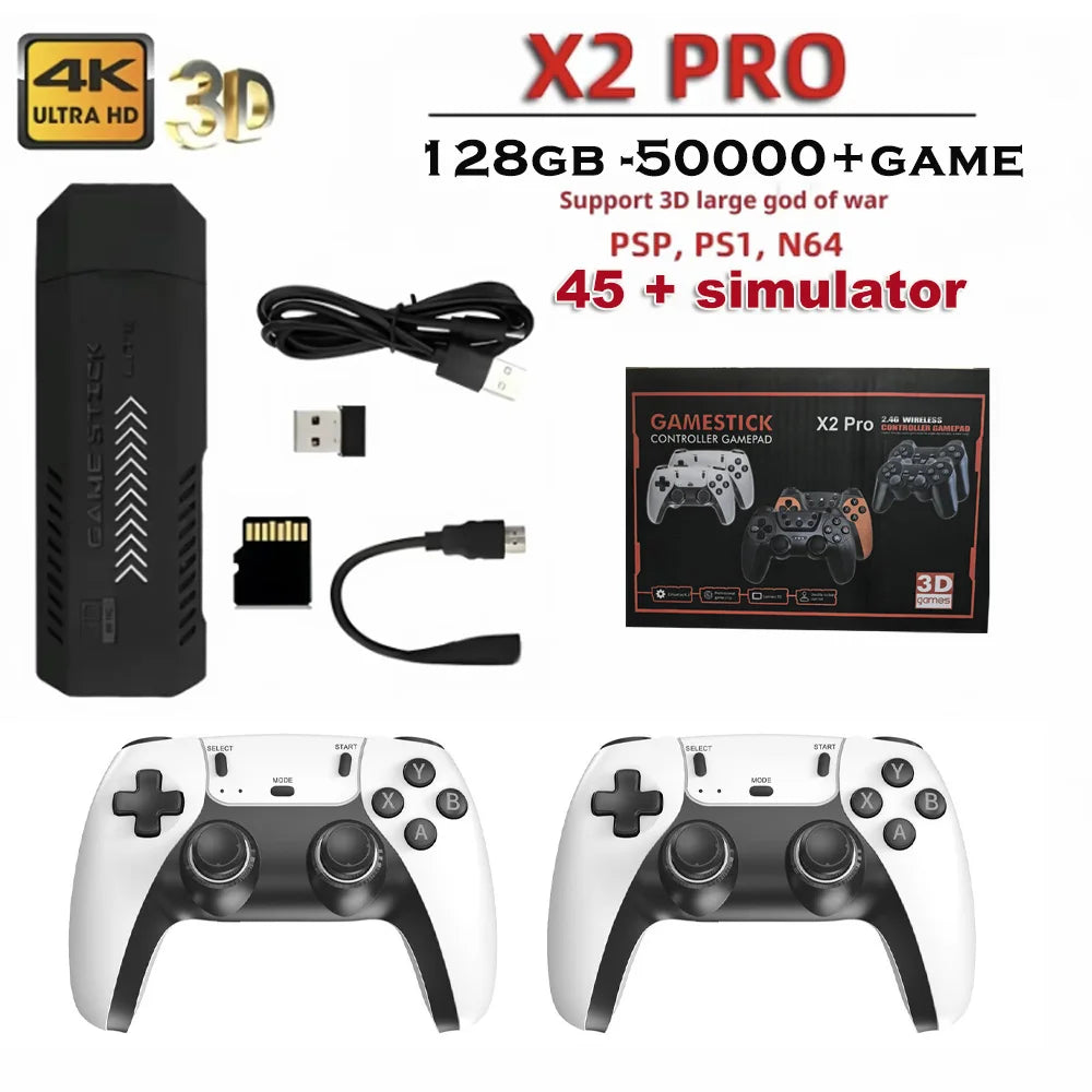 The X2 Pro video game console comes with 50,000 retro games and over 40 emulators, and is compatible with PS1/N64/PSP.