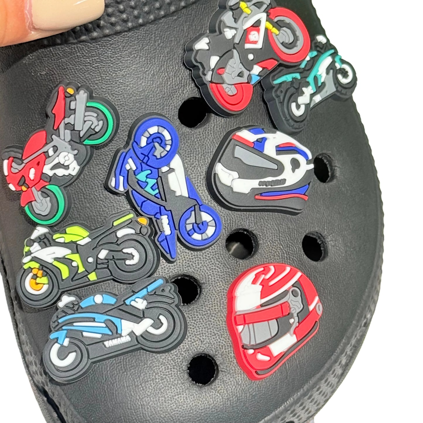 1-12PCS Cartoon Motorcycle Helmet PVC Shoe Charms Design Man Pins Accessories Funny Garden Shoes Buckle Decoration Unisex Gift