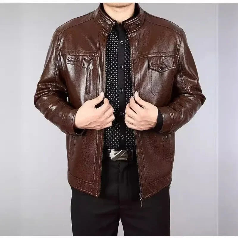Autumn Winter Men Leather Jacket Fleece Warm Retro Business Casual PU Leather Coat Zipper Long Sleeve Windproof Outerwear New