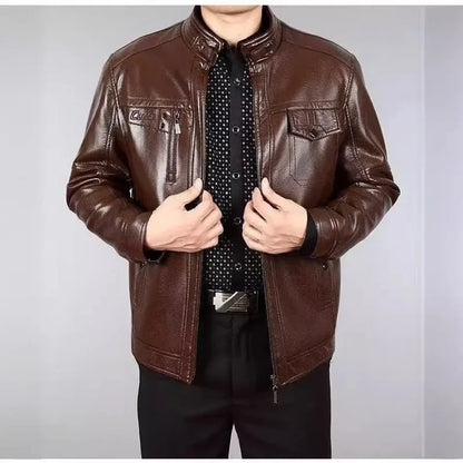 Autumn Winter Men Leather Jacket Fleece Warm Retro Business Casual PU Leather Coat Zipper Long Sleeve Windproof Outerwear New