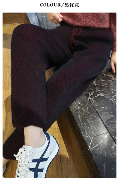 100% mink wool knitted high-waisted pencil pants women's casual autumn and winter new warm solid color thick cashmere pants